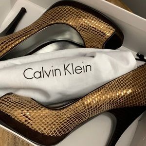 Beautiful Bronze Calvin Klein Embossed suede heel